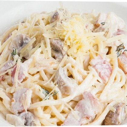 Спагетти с беконом и грибами