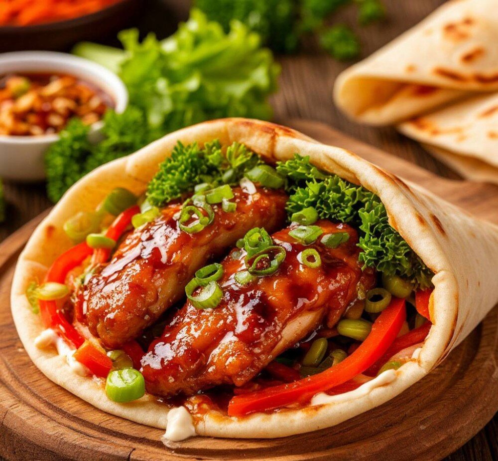 Цыпленок терияки со свежими овощами, соусом и сливочным сыром в лаваше
