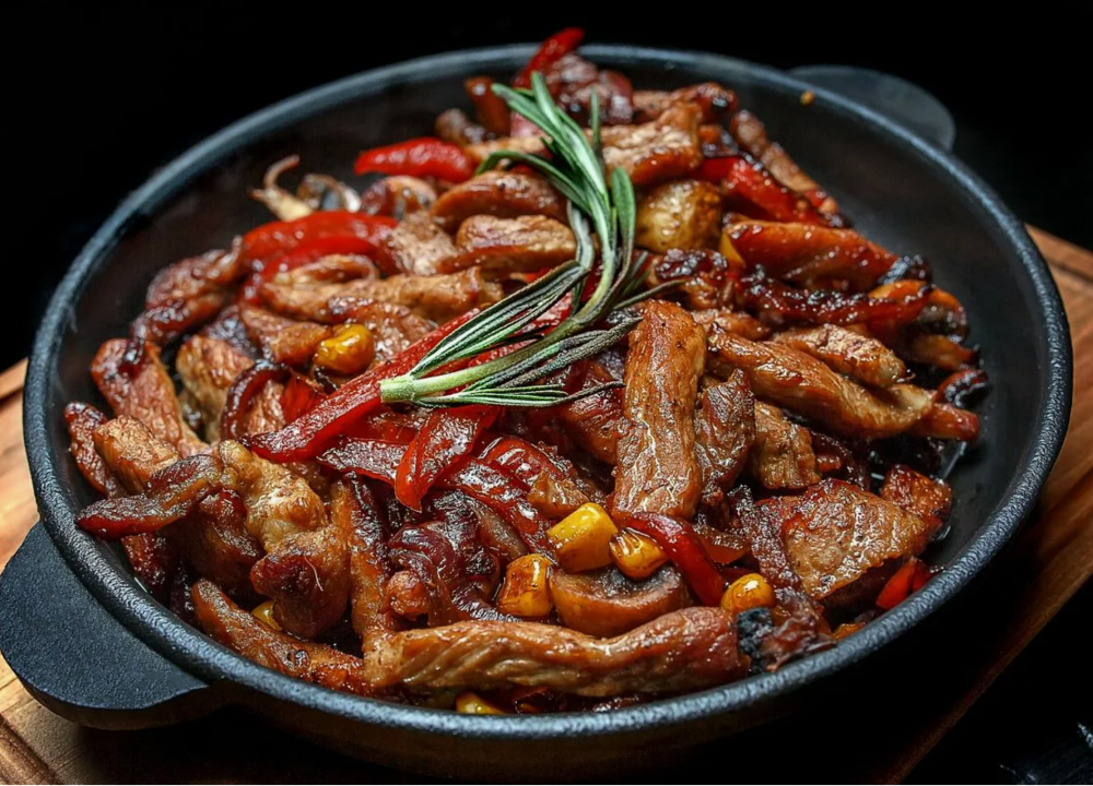 Свинина жаренная на раскаленном блюде с овощами