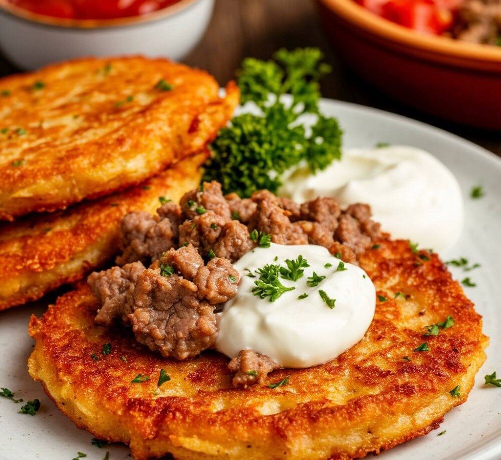 Драники с мясом и сметаной